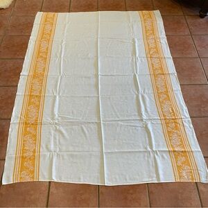 Vintage Orange White Rectangular MCM Table Cloth  Wide Floral Band on Sides